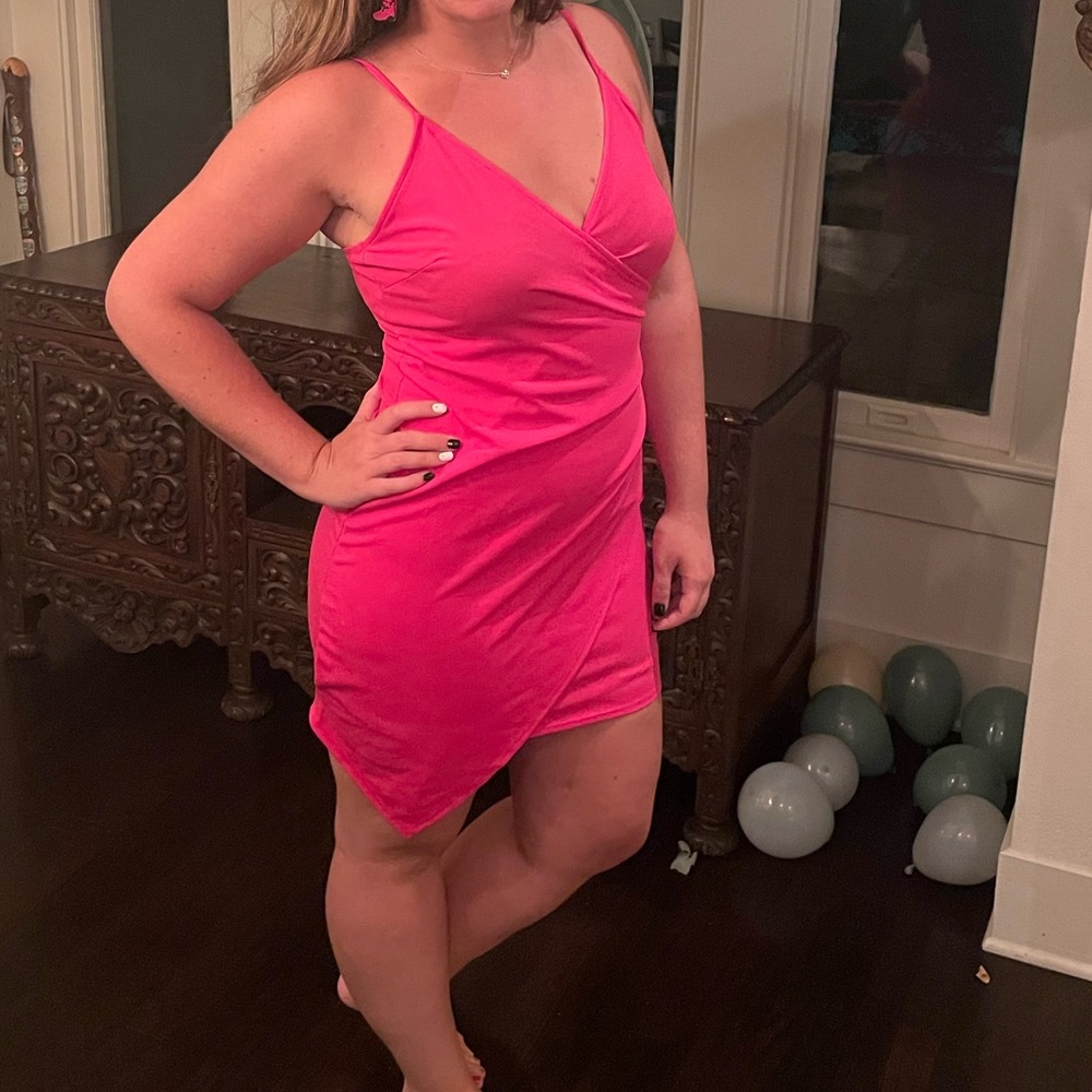 Verdusa Women's Ruched Side Asymmetrical V Neck Bodycon Cami Dress hot pink